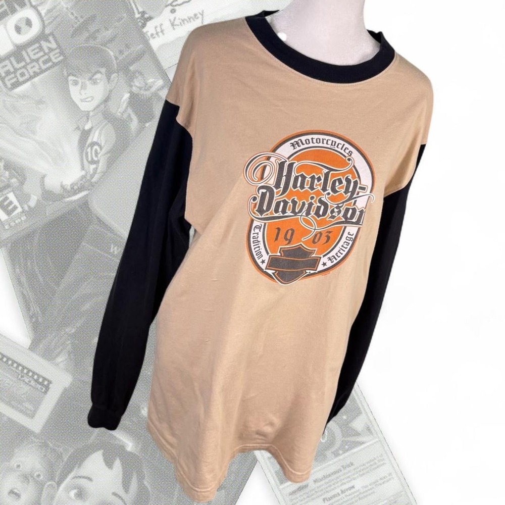 Vintage Harley Davidson Y2K Two Tone Graphic Long Sleeve Top Black Tan M